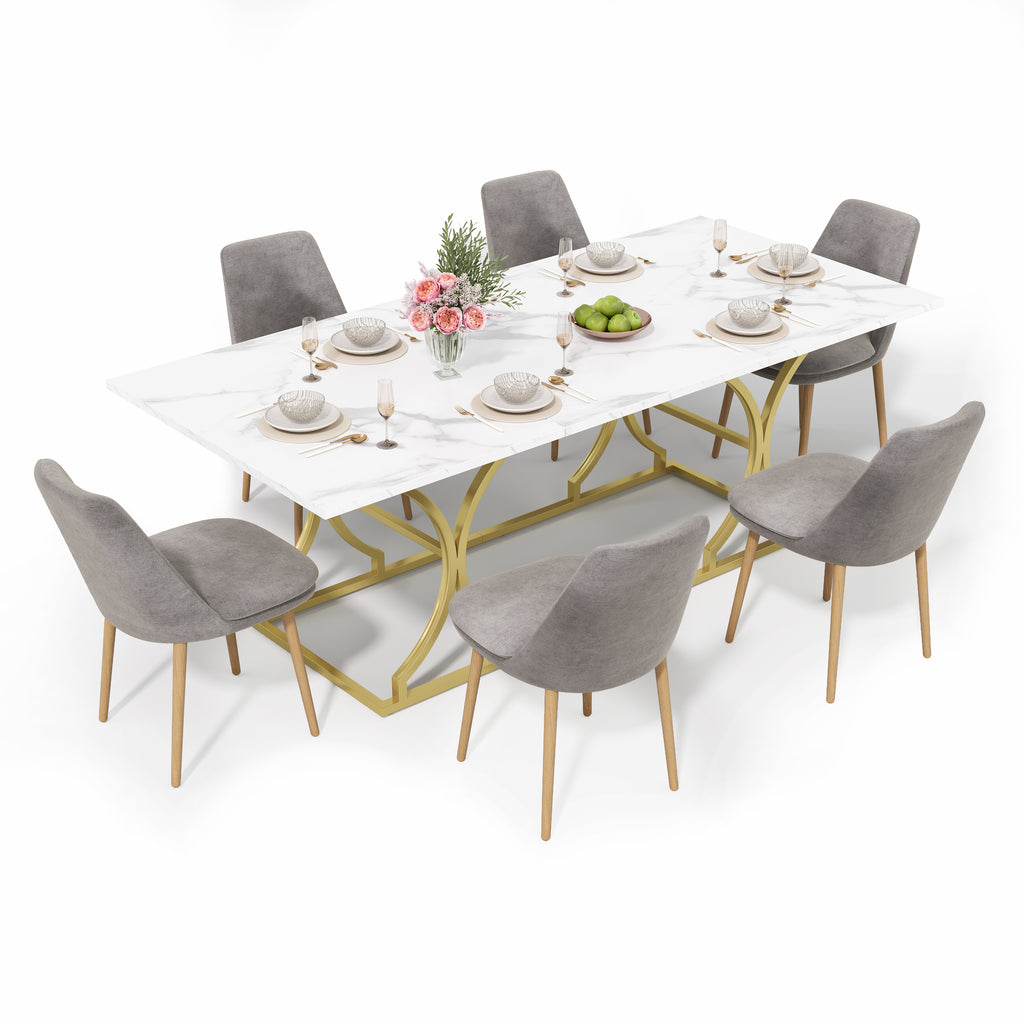 Mesa de comedor de 200×80cm, para 8–10 personas, diseño moderno en óptica de mármol, placa de mesa de 2,5 cm de espesor, resistente al agua y al arañazo, patas metálicas de color oro con correderas ajustables, adecuada para el salón y el comedor