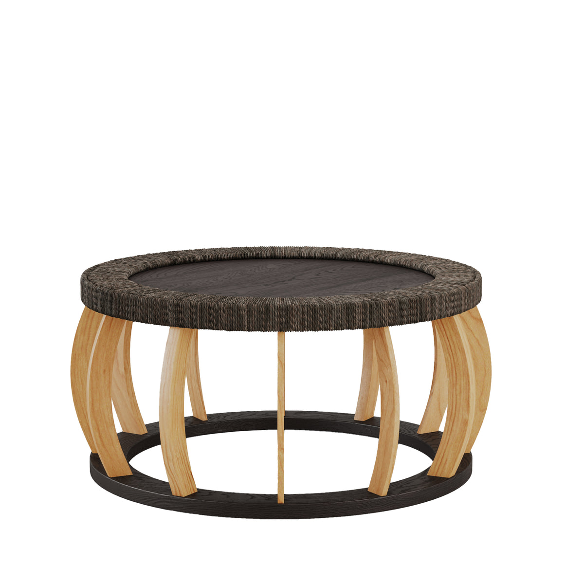 Mesa de Centro Redonda | Madera Sólida y Mimbre | Estilo Boho Vintage