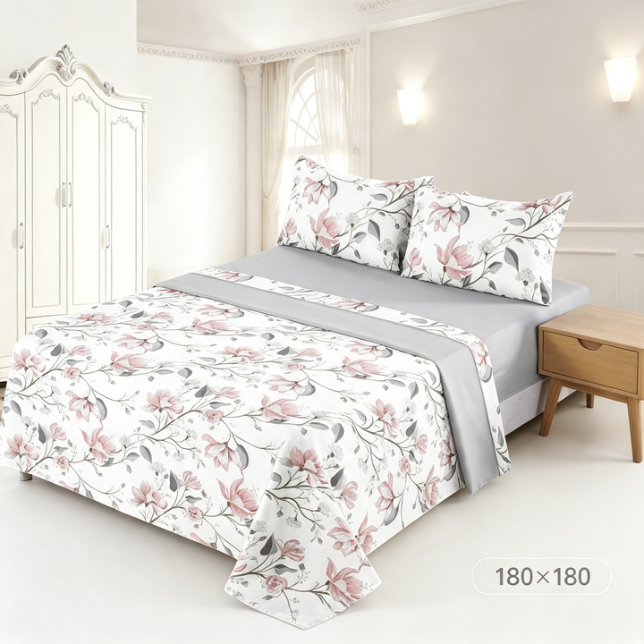 Juego de Sábanas 4 Piezas | Estampado Floral Rosa y Gris | Fondo Blanco | Sábana Encimera + 2 Fundas | Suave y Transpirable