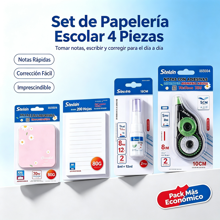 4-Piece School Stationery Set - Sticky Notes, Notepad, Correction Tape, and Tape