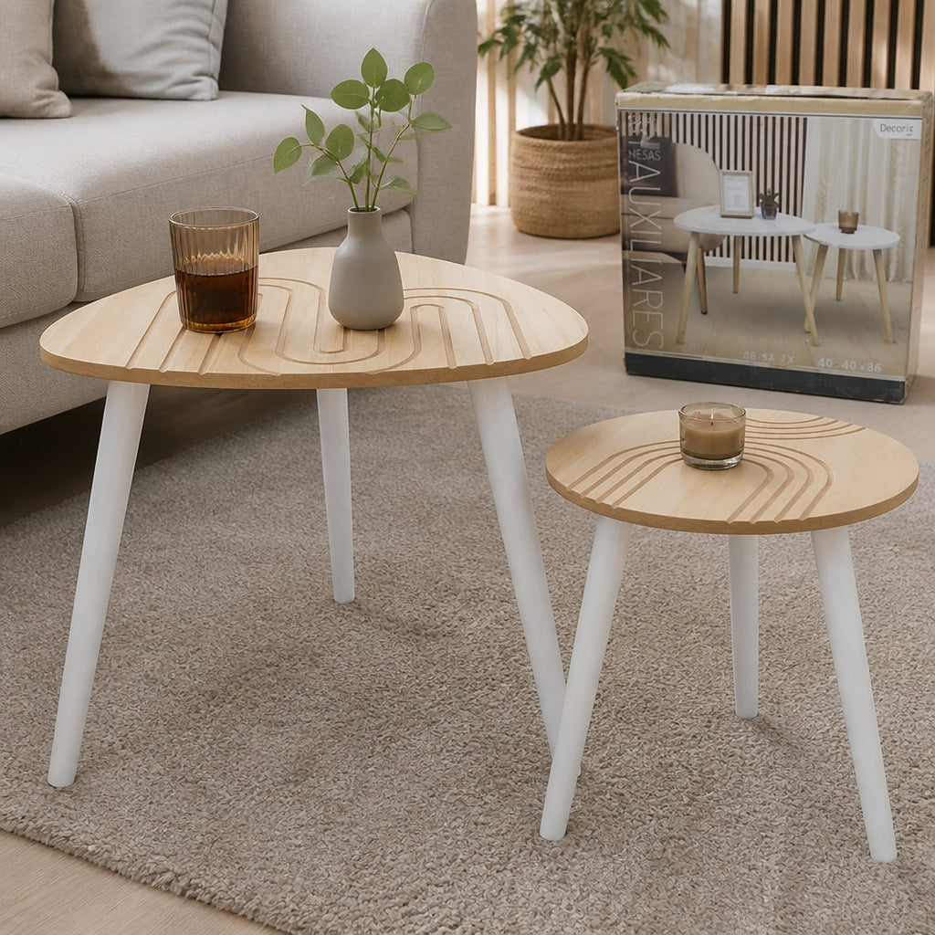 2 Mesitas Auxiliares Modernas con Mesa de Madera Tallada