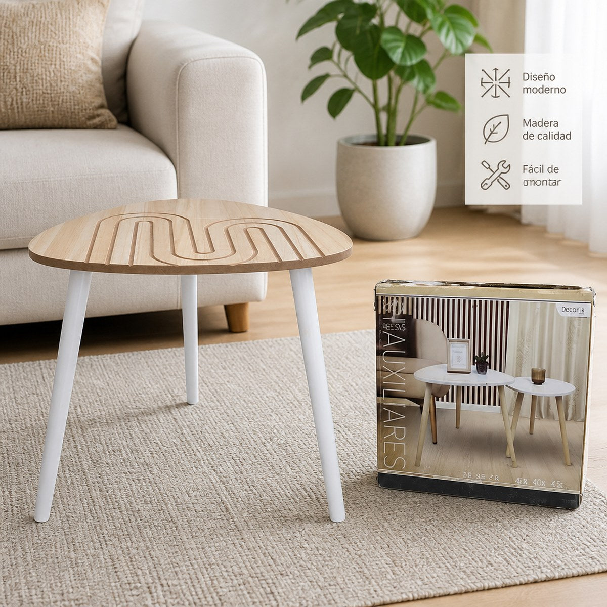 2 Mesitas Auxiliares Modernas con Mesa de Madera Tallada