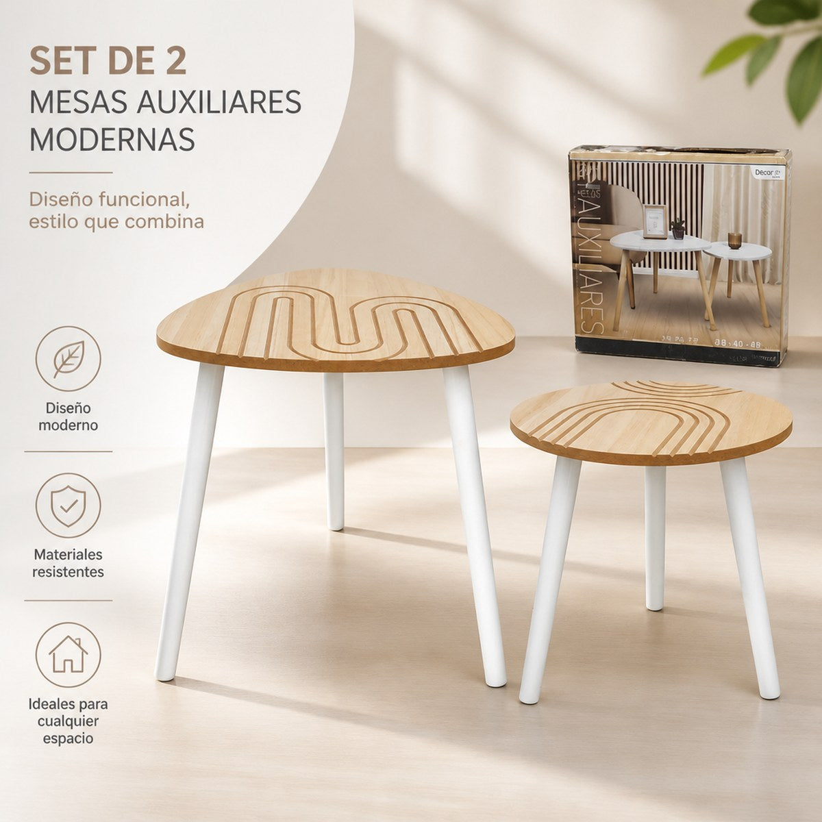 2 Mesitas Auxiliares Modernas con Mesa de Madera Tallada