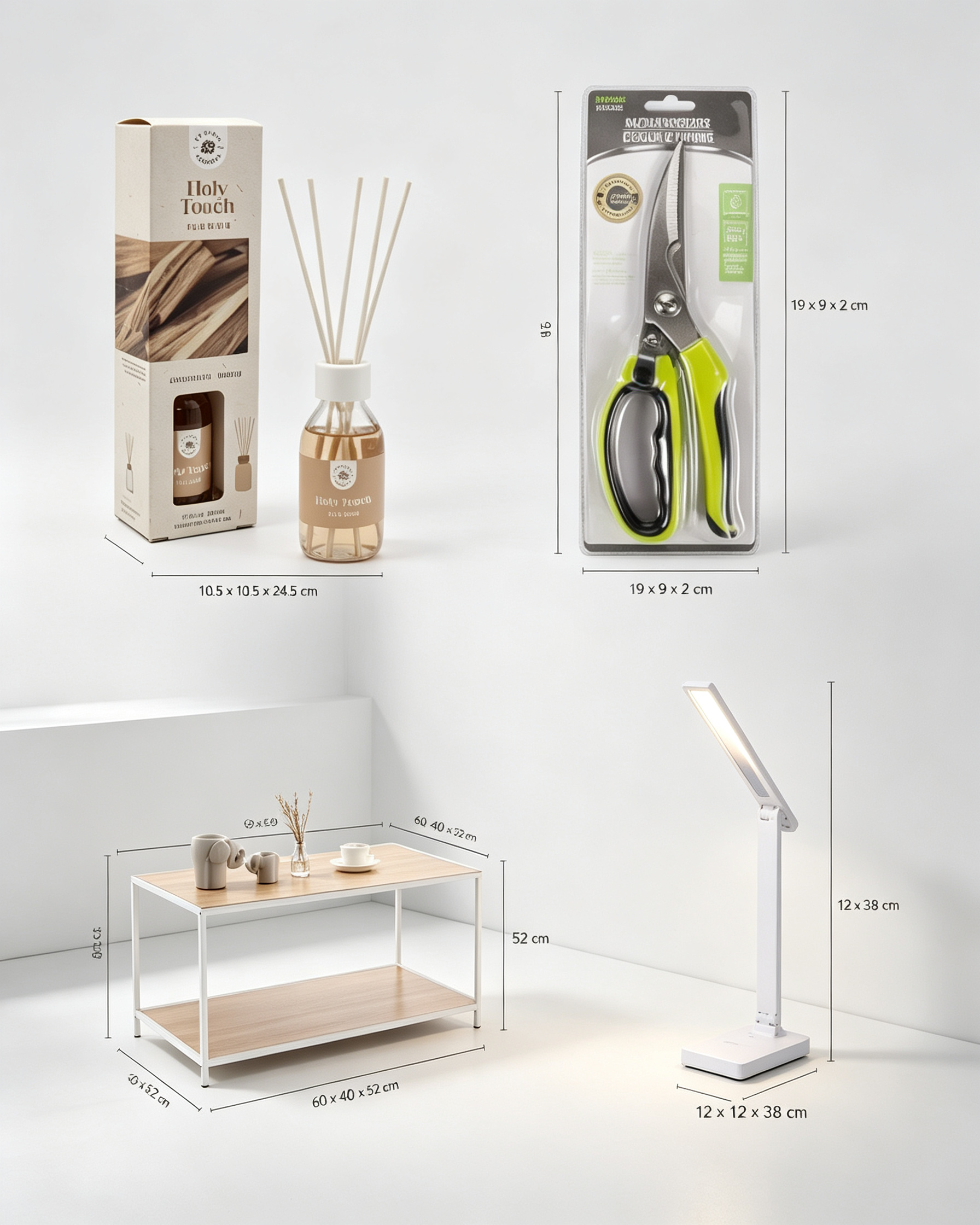 4-in-1 Essential Home Set - Side Table + LED Lamp + Holy Touch Reed Diffuser + Multipurpose Scissors