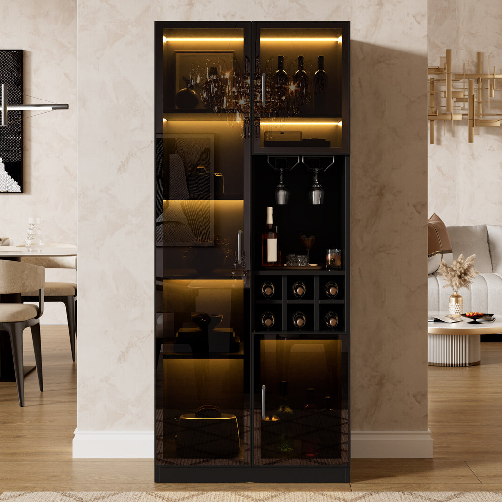 Vitrina con iluminación LED controlable por App, armario de cristal con puertas de cristal, estante para vinos y espacio de almacenamiento, armario para el salón
