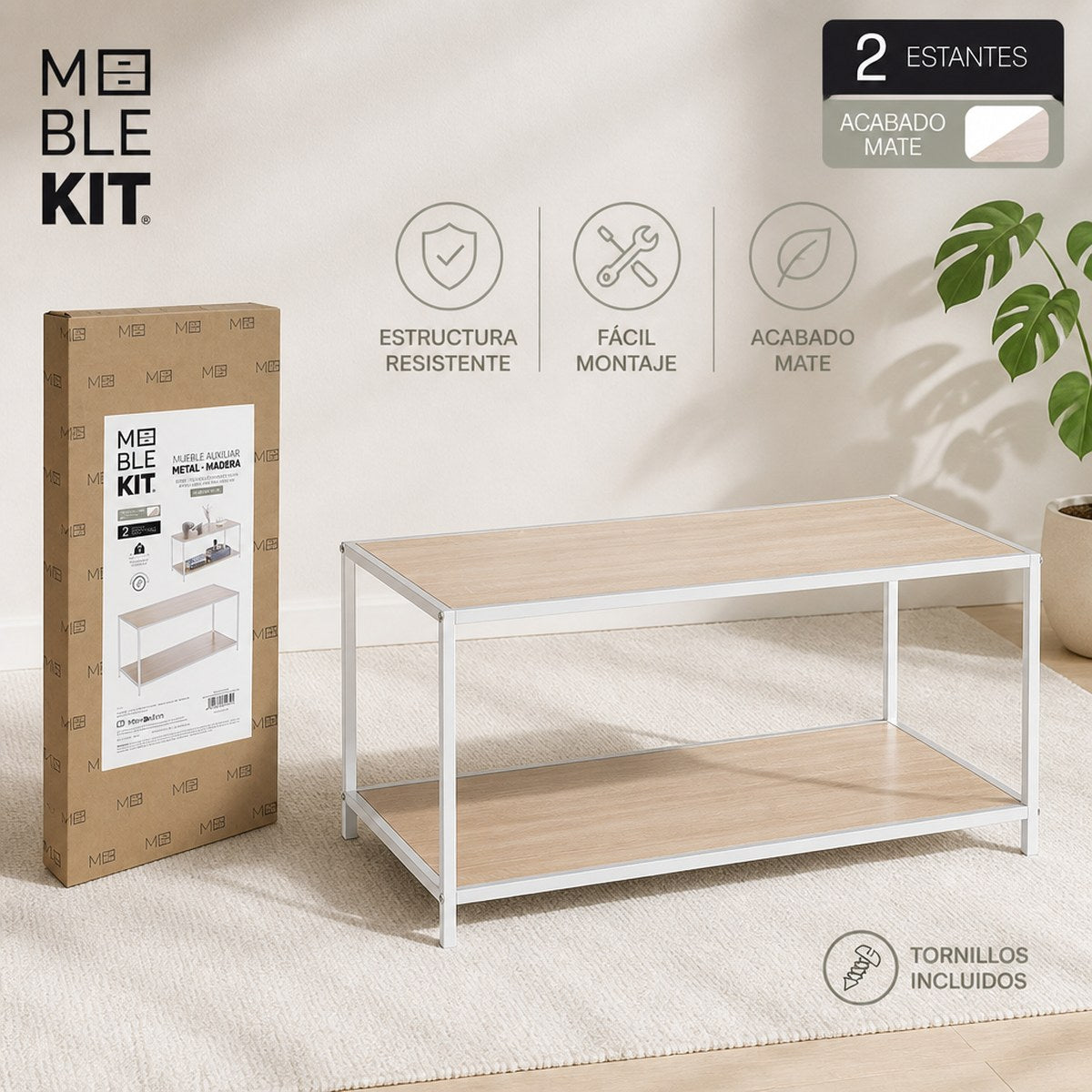 Meble Kit Coffee Table with 2 Shelves, White Frame
