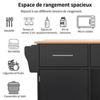 Gran carrito de cocina/armario de 139x46(71)x91,5 cm, cuerpo negro + mesilla de trabajo en madera de alta calidad, mesilla de trabajo plegable, puerta de almacenamiento, ruedas, pies de madera intercambiables, adecuado para comedor, cocina