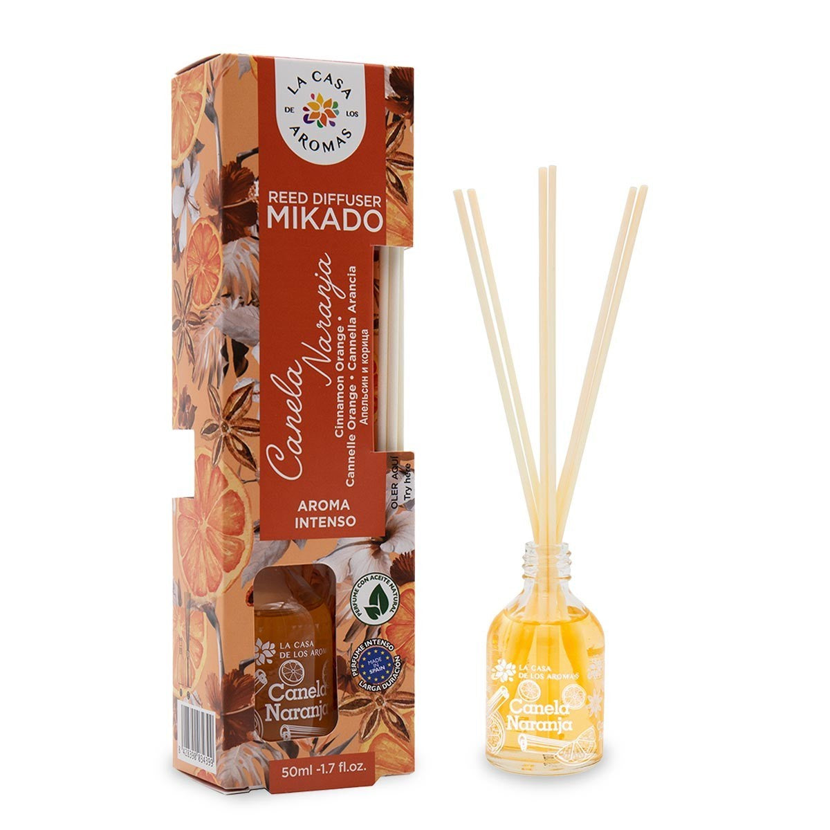 La Casa de los Aromas Cinnamon Orange Reed Diffuser product images and lifestyle scenes