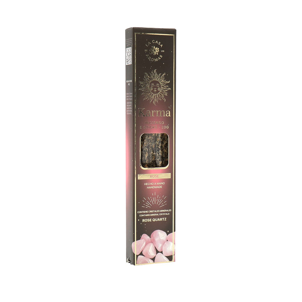 Karma Rose Incense Sticks with Rose Quartz product images and lifestyle scenes