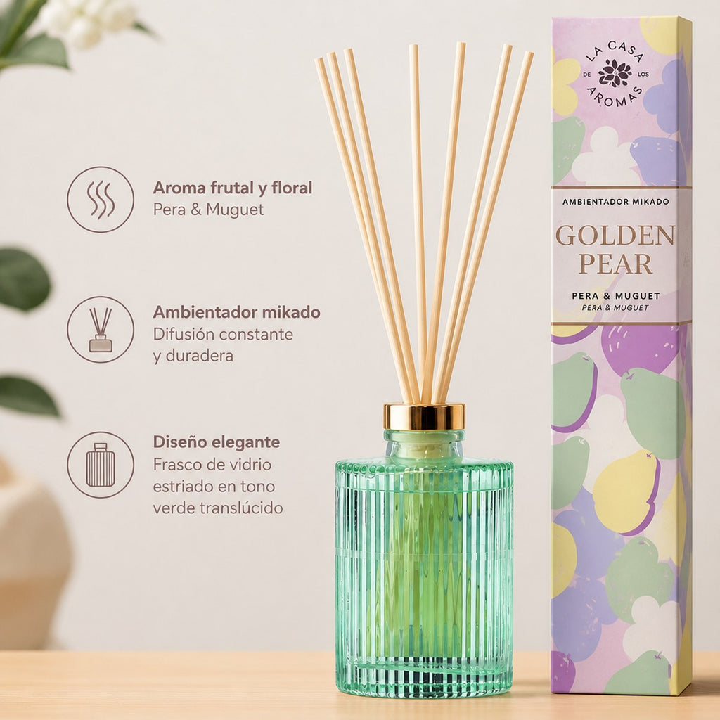 Ambientador Mikado Golden Pear La Casa de los Aromas | Pera y Muguet | Frasco Vidrio | Hogar