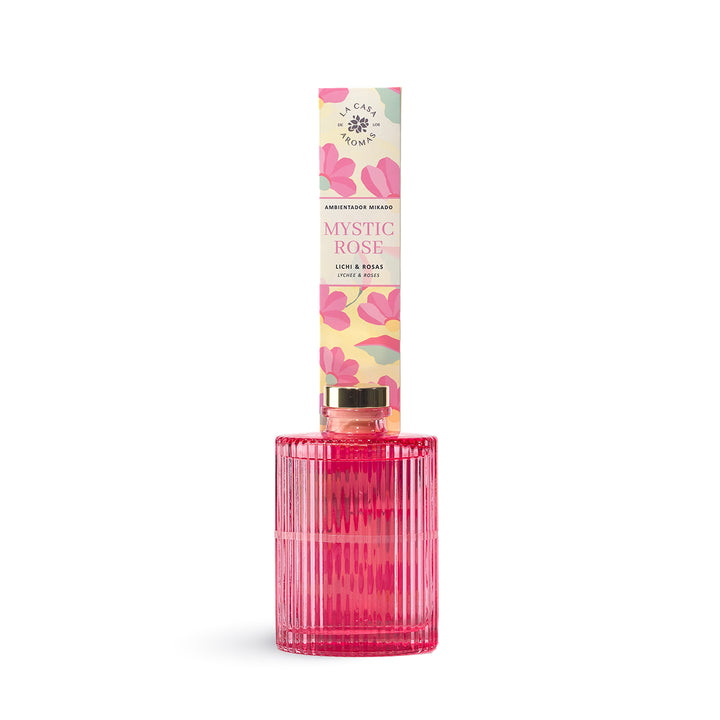La Casa de los Aromas Mystic Rose Lychee & Roses Reed Diffuser product images and lifestyle scenes