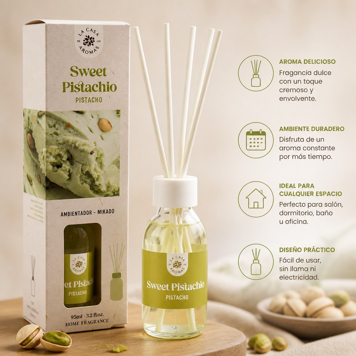 Mikado Air Freshener Sweet Pistachio La Casa de los Aromas | 95 ml | Sweet Pistachio Scent | Home