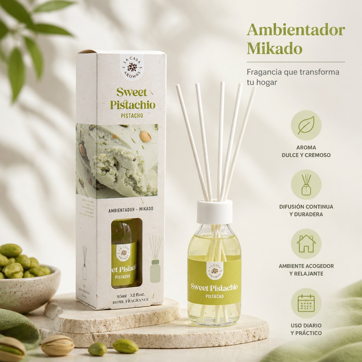 Mikado Air Freshener Sweet Pistachio La Casa de los Aromas | 95 ml | Sweet Pistachio Scent | Home