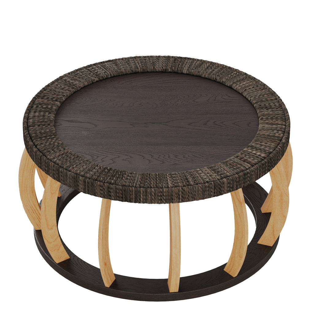 Mesa de Centro Redonda | Madera Sólida y Mimbre | Estilo Boho Vintage