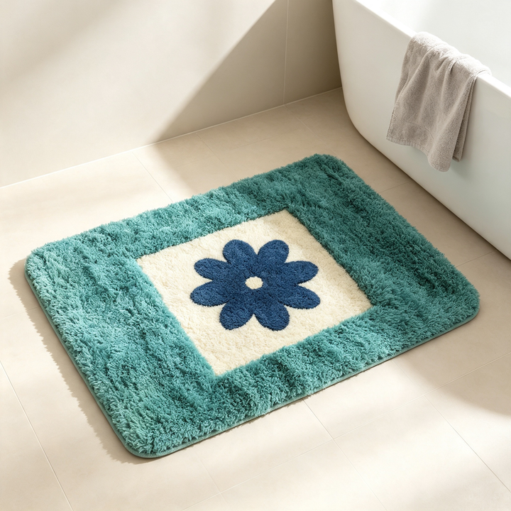 Alfombra de Baño Antideslizante | Diseño Floral Azul y Verde | Suave, Absorbente y Lavable a Máquina
