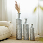 Set de 3 Vasos de Piso con Estampado de Olas, Color Plata (50/66/83 cm) - Grandes Vasos Decorativos de Metal como Cubiertos para Plantas, Decoración para Salón y Pasillo en Estilo Moderno
