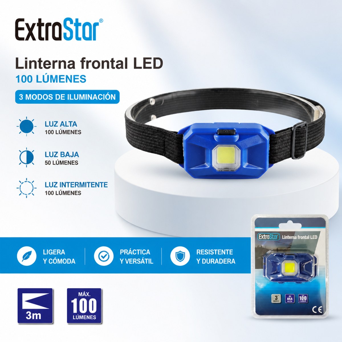 Linterna Frontal LED ExtroStar, 100 Lúmenes