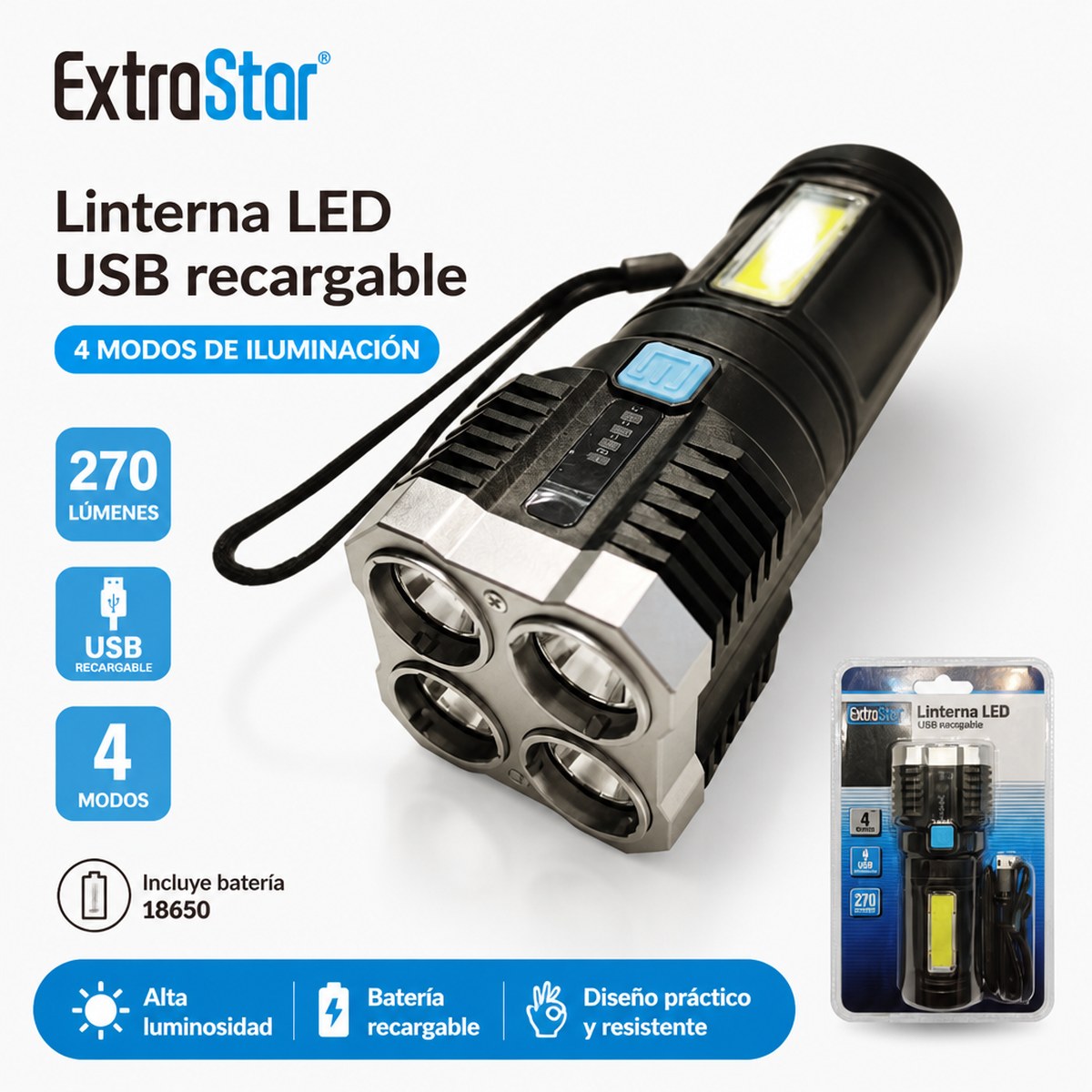 ExtroStar Rechargeable USB LED Flashlight