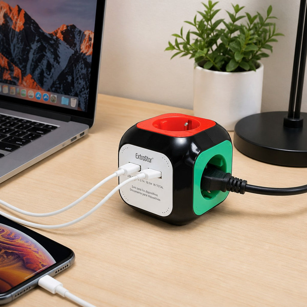 Regleta Cubo ExtraStar | 4 Tomas + 2 USB | Cable 1,5 m | Hogar y Oficina
