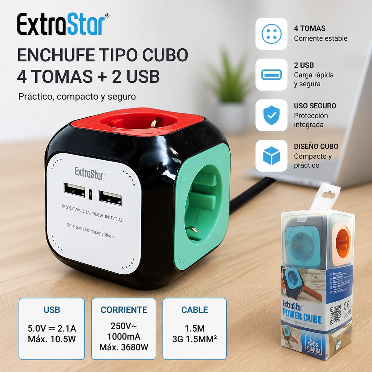 Regleta Cubo ExtraStar | 4 Tomas + 2 USB | Cable 1,5 m | Hogar y Oficina