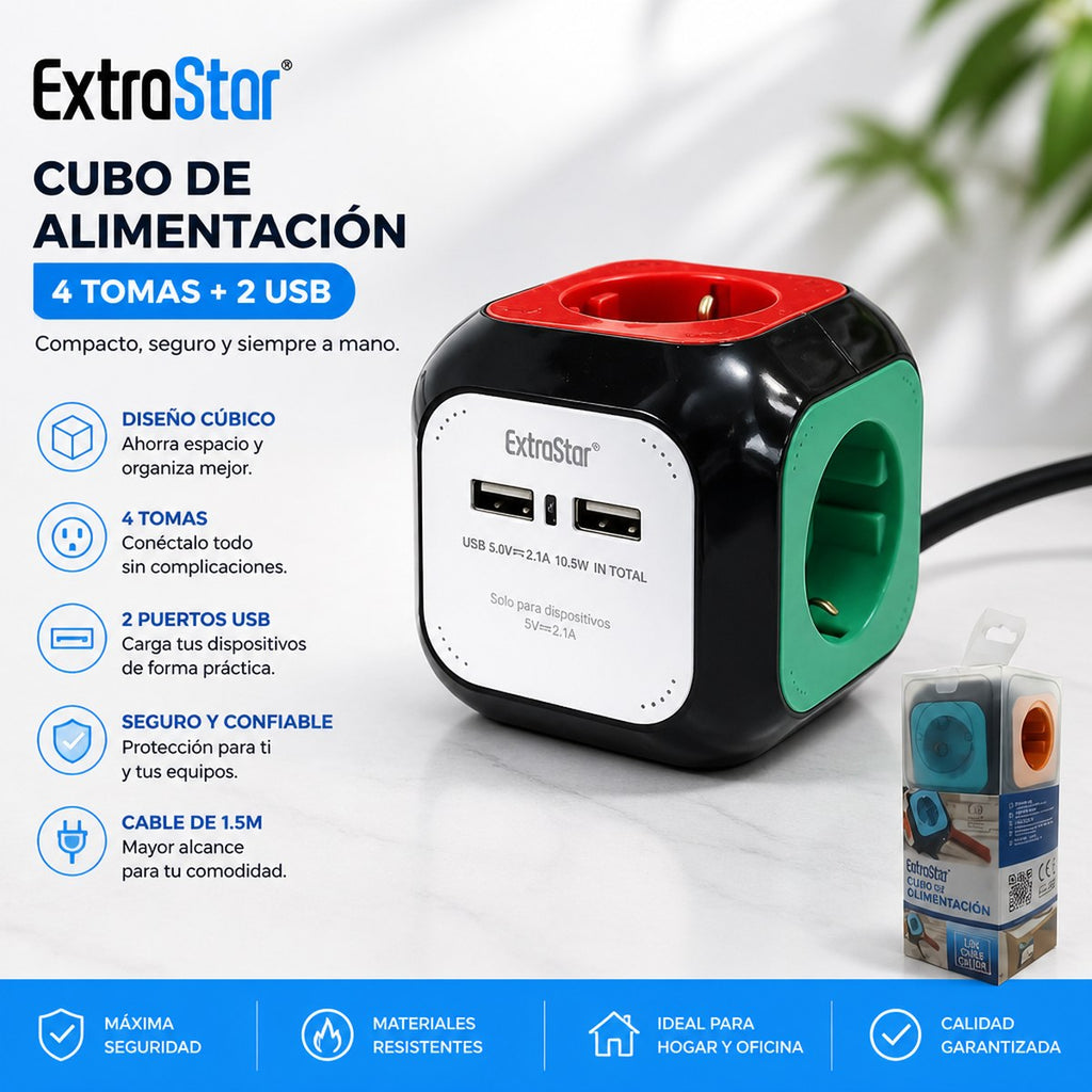Regleta Cubo ExtraStar | 4 Tomas + 2 USB | Cable 1,5 m | Hogar y Oficina