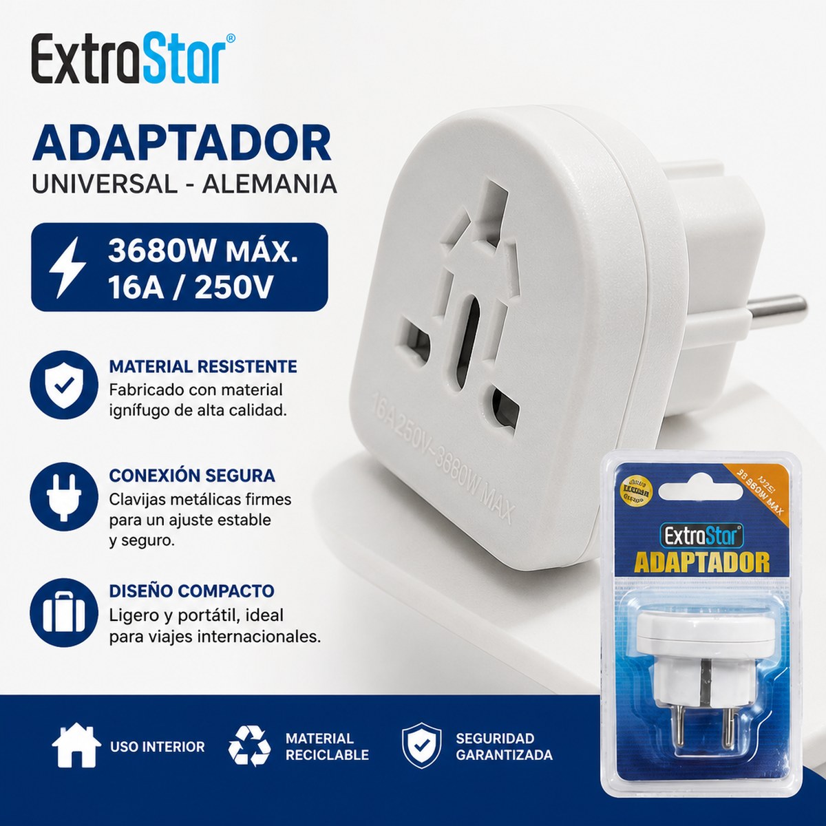 Adaptador Universal a Enchufe Alemán | 16A / 250V / 3680W | Viajes y Hogar | Solo Interior
