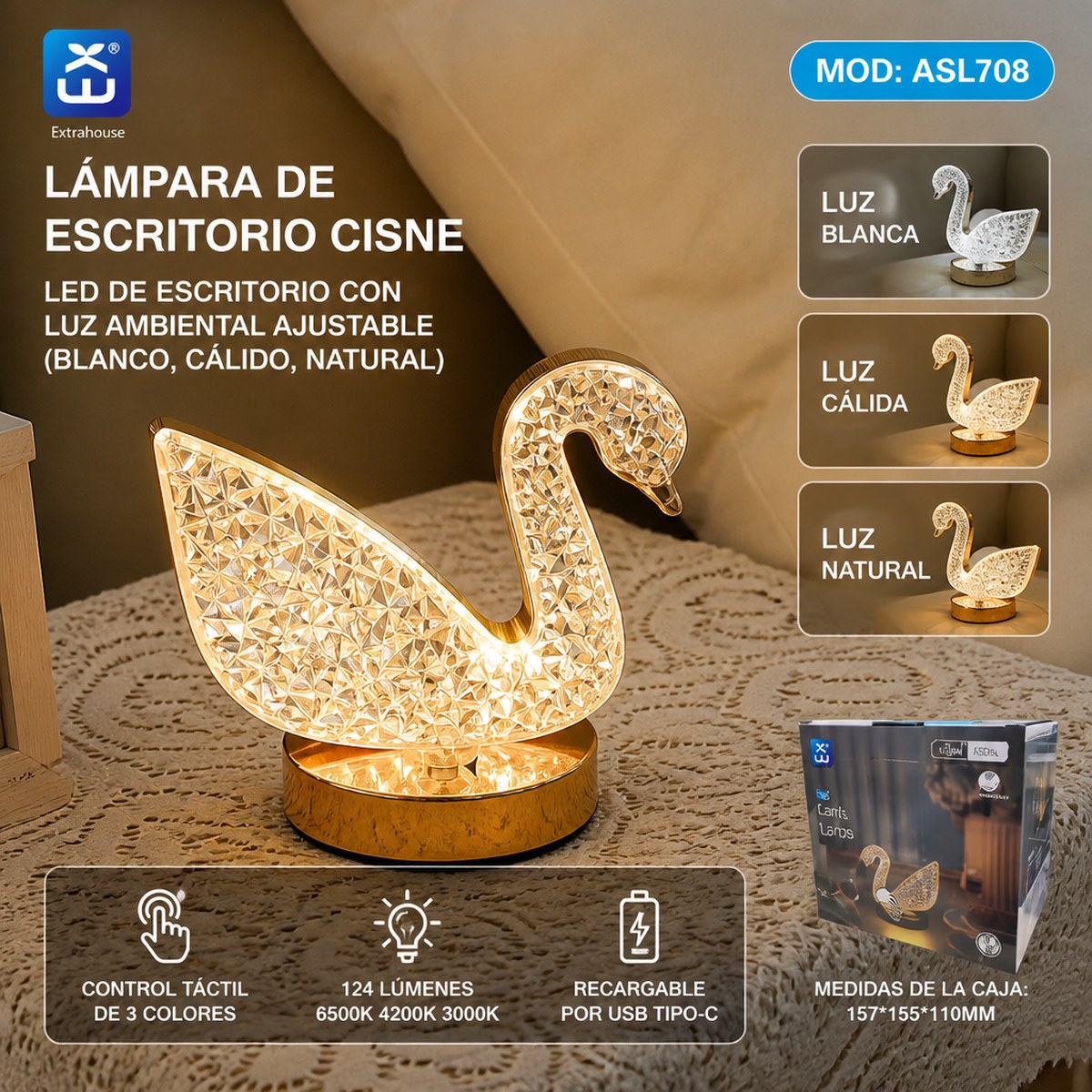 Extrahouse Swan Crystal LED Table Lamp, 3-Color Touch Dimmable