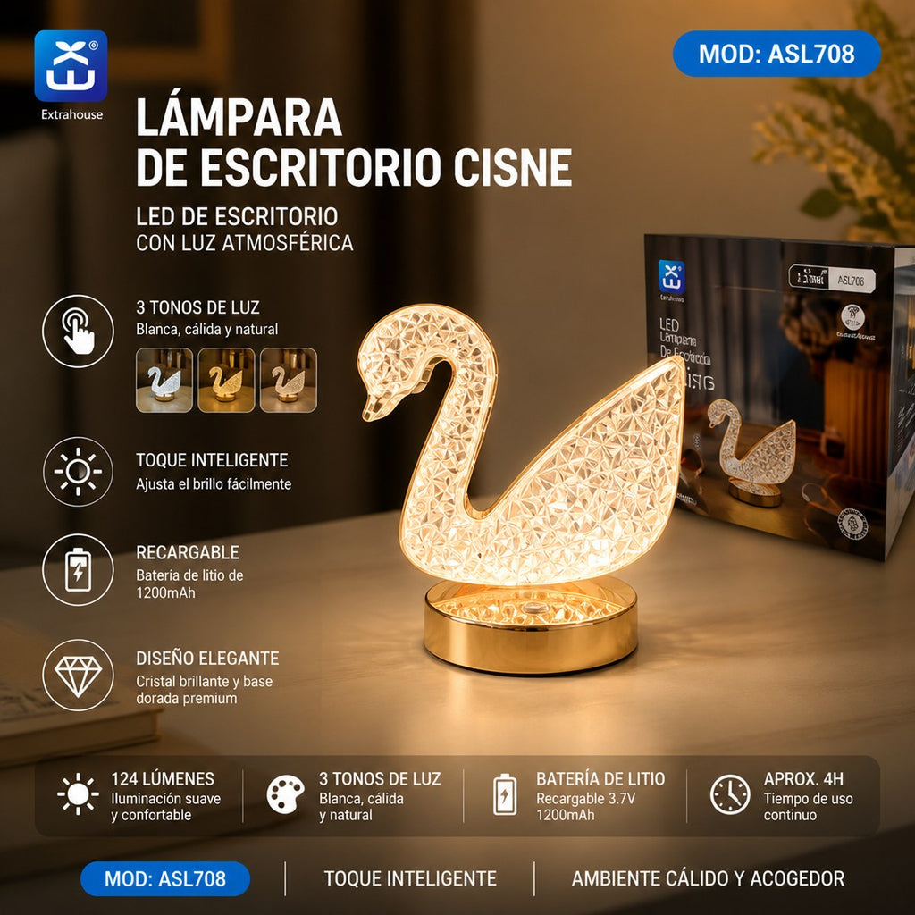 Extrahouse Swan Crystal LED Table Lamp, 3-Color Touch Dimmable