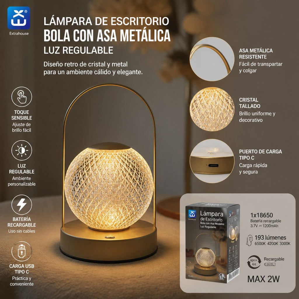 Lámpara LED de Mesa Extrahouse ASL721 | Esfera Cristal Retro | Táctil Regulable | USB-C
