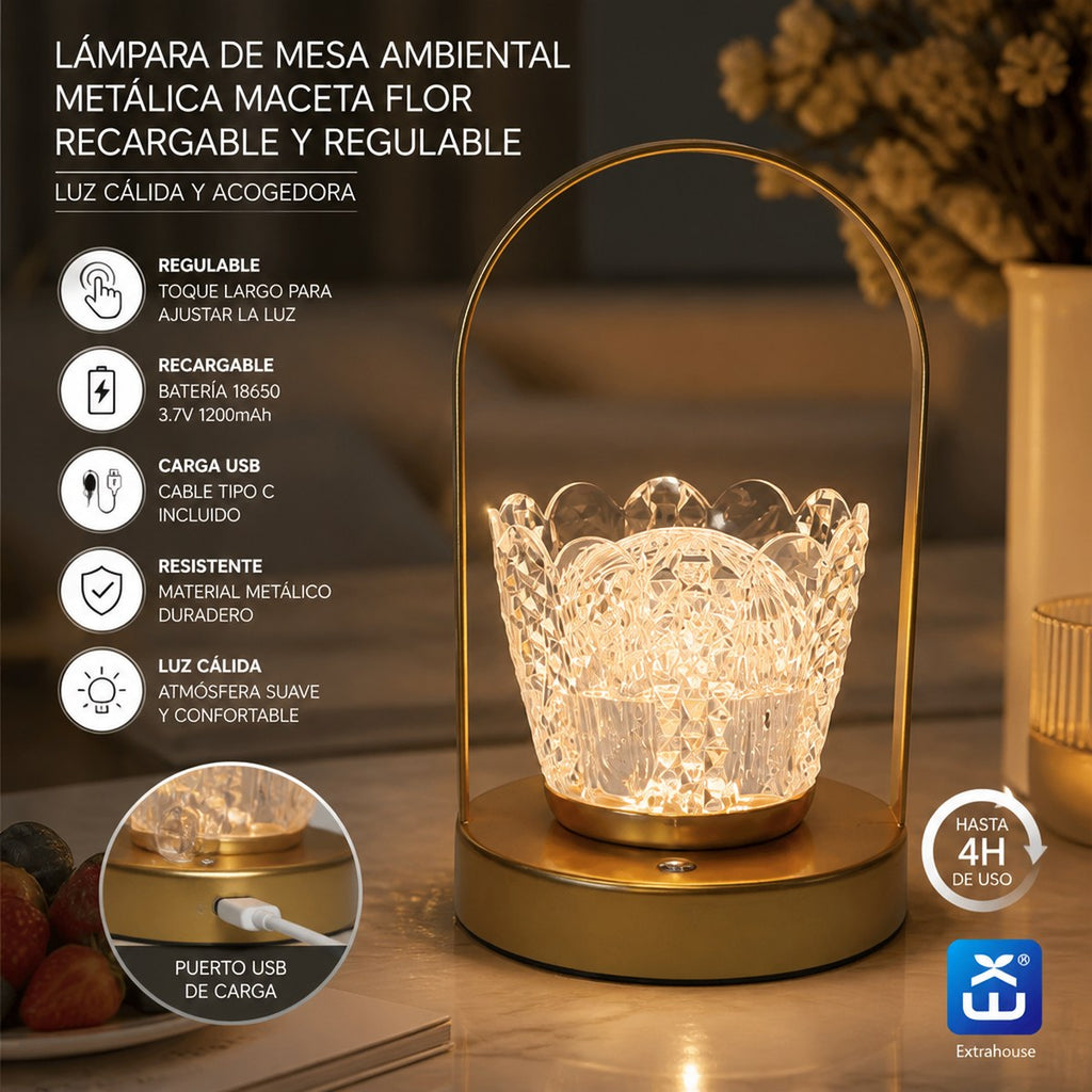 Extrahouse Rechargeable Dimmable Ambient Table Lamp, Flower Pot Design