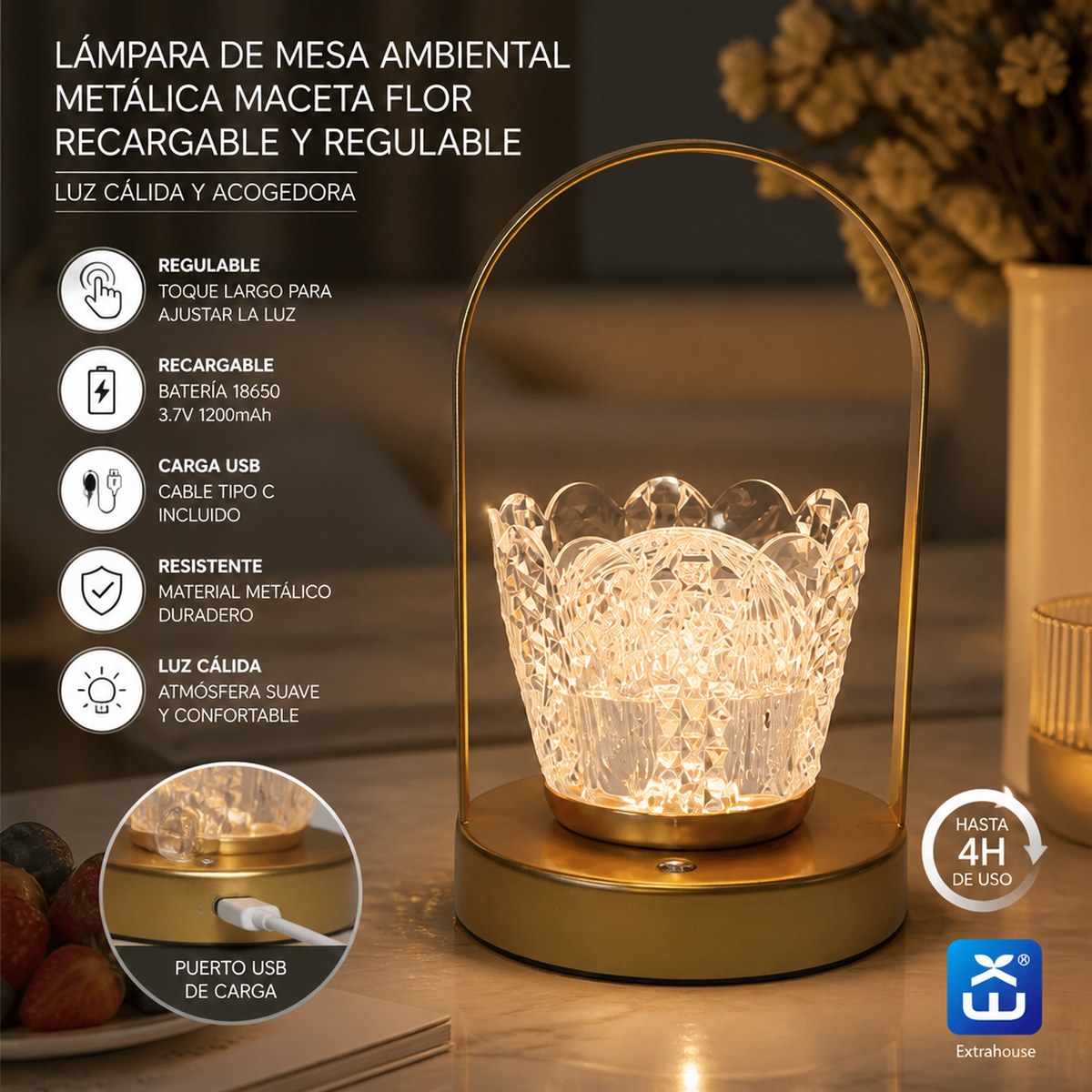 Extrahouse Rechargeable Dimmable Ambient Table Lamp, Flower Pot Design