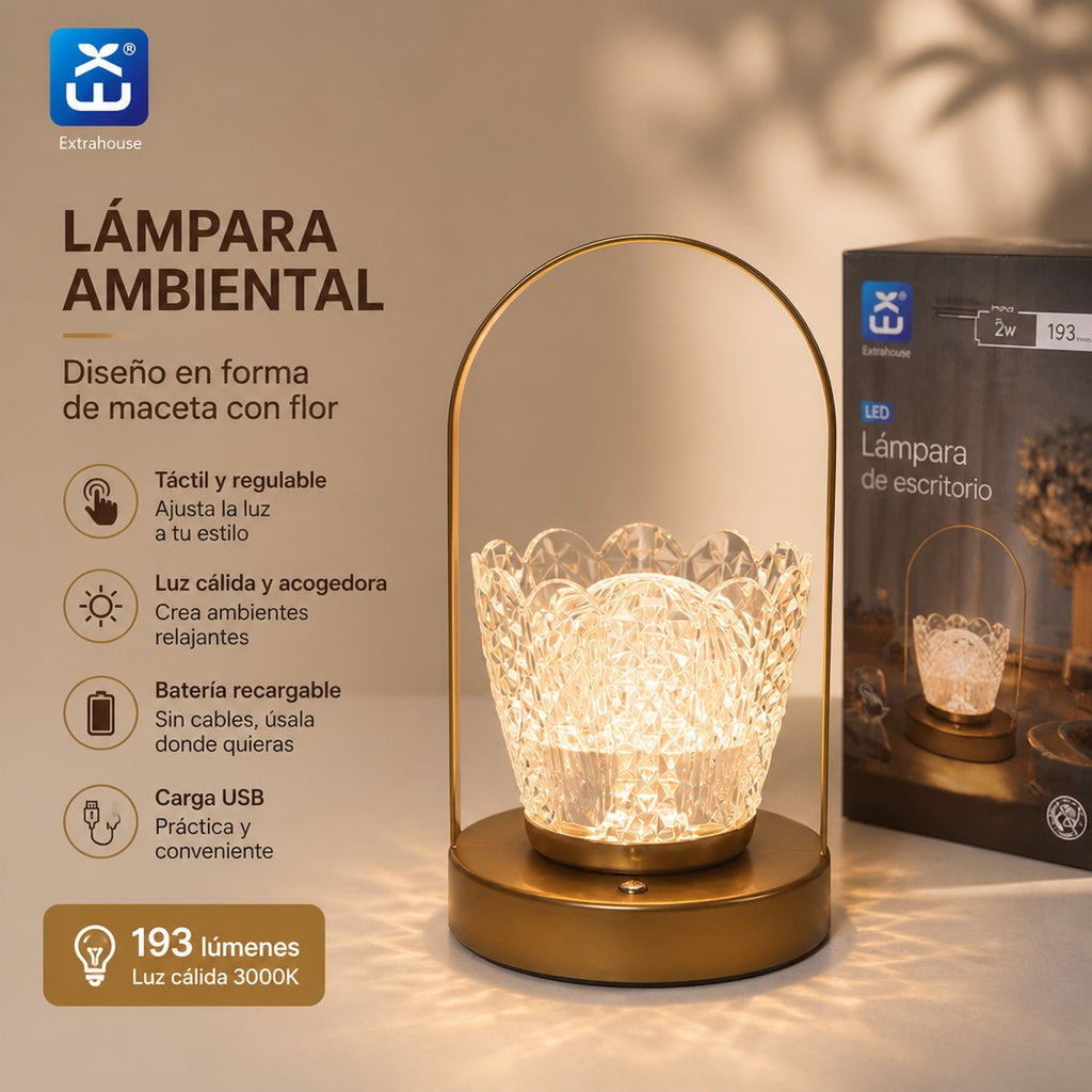 Extrahouse Rechargeable Dimmable Ambient Table Lamp, Flower Pot Design