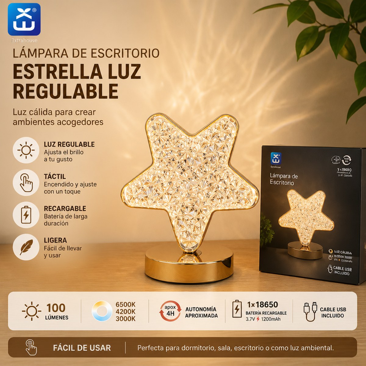 Extrahouse Rechargeable Dimmable Star Night Light, 100LM