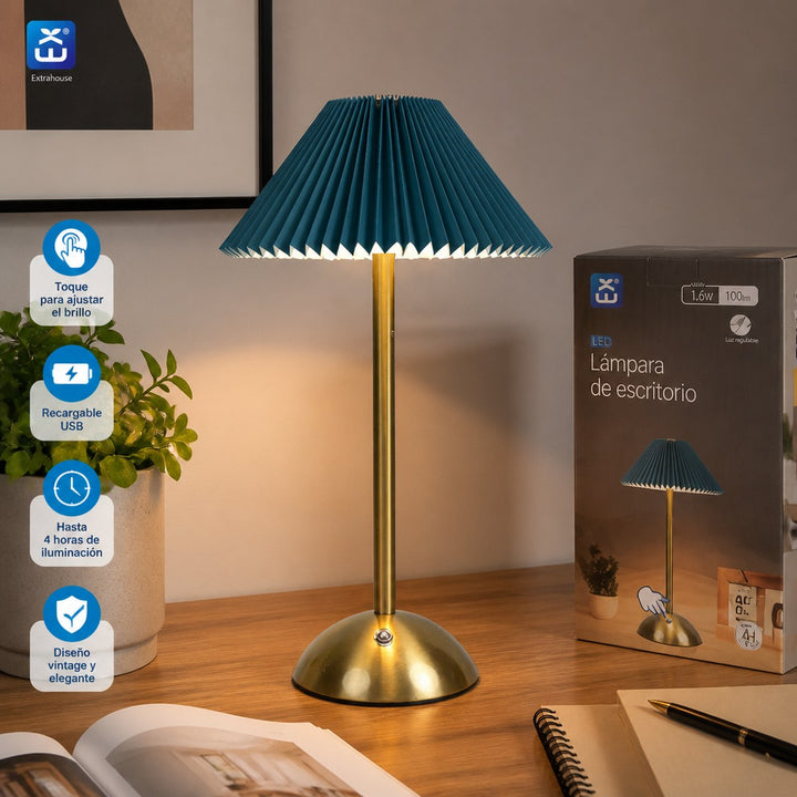 Vintage Pleated Rechargeable Desk Lamp - Teal Blue
