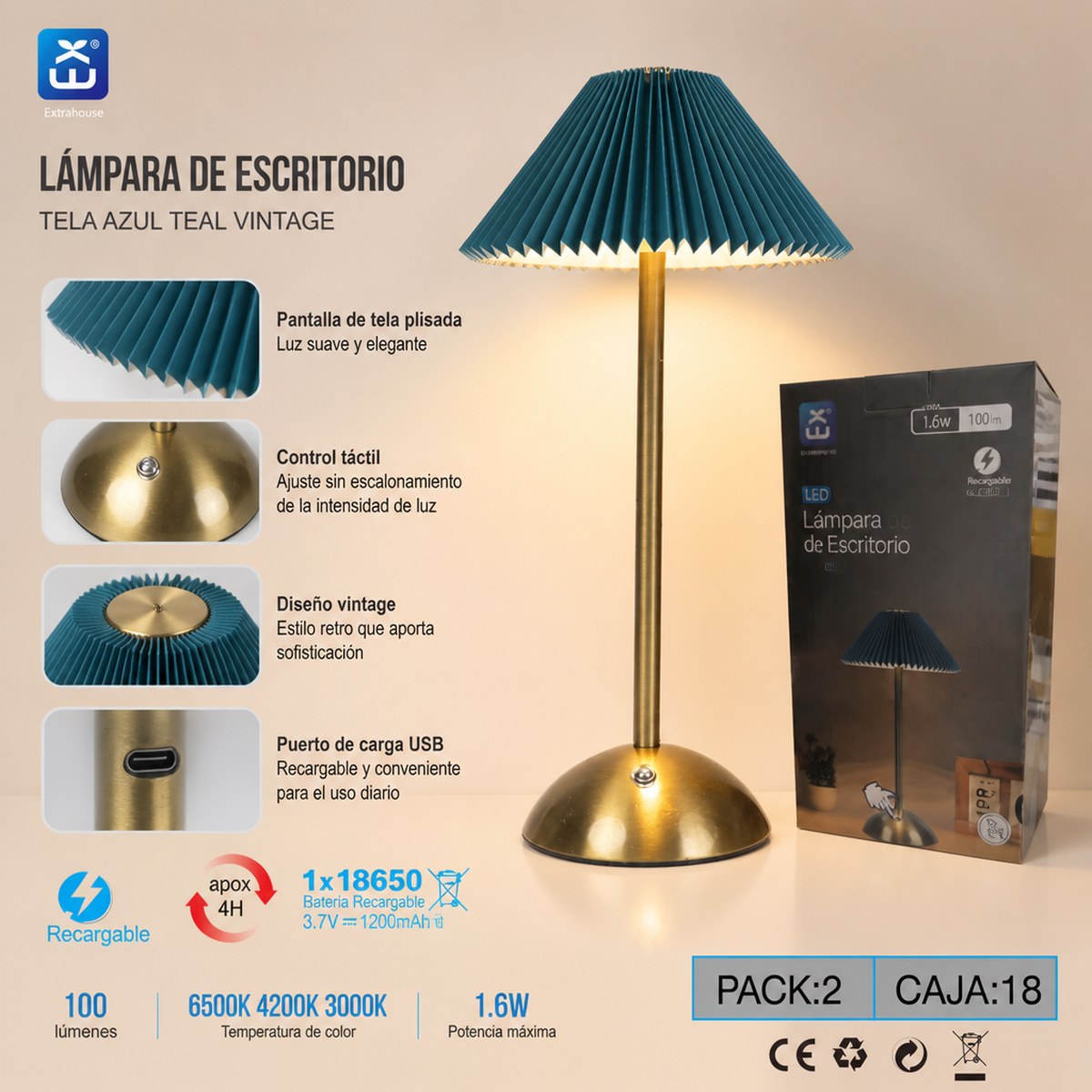 Vintage Pleated Rechargeable Desk Lamp - Teal Blue