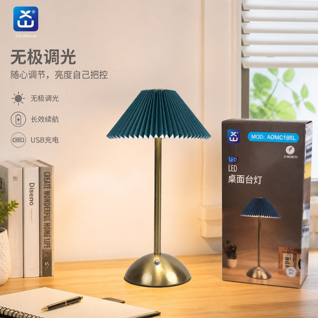 Vintage Pleated Rechargeable Desk Lamp - Teal Blue