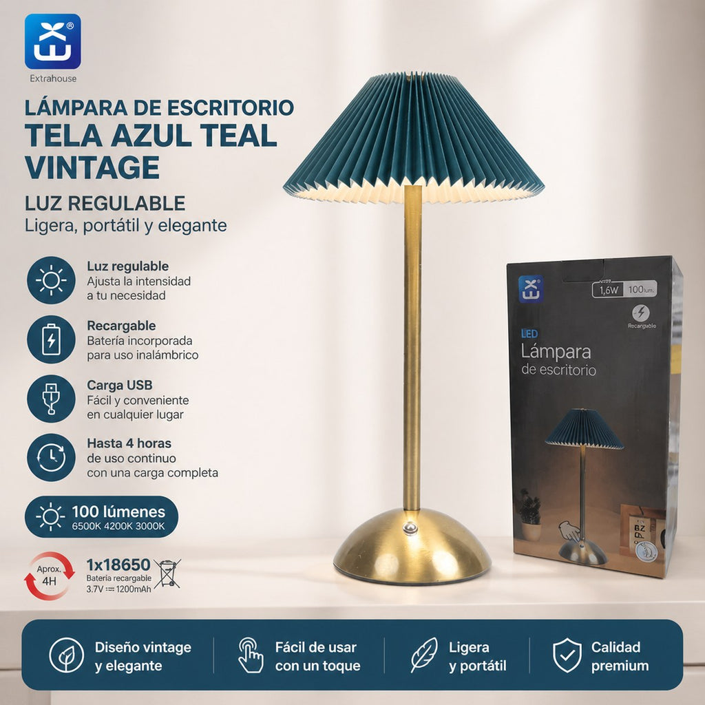 Vintage Pleated Rechargeable Desk Lamp - Teal Blue