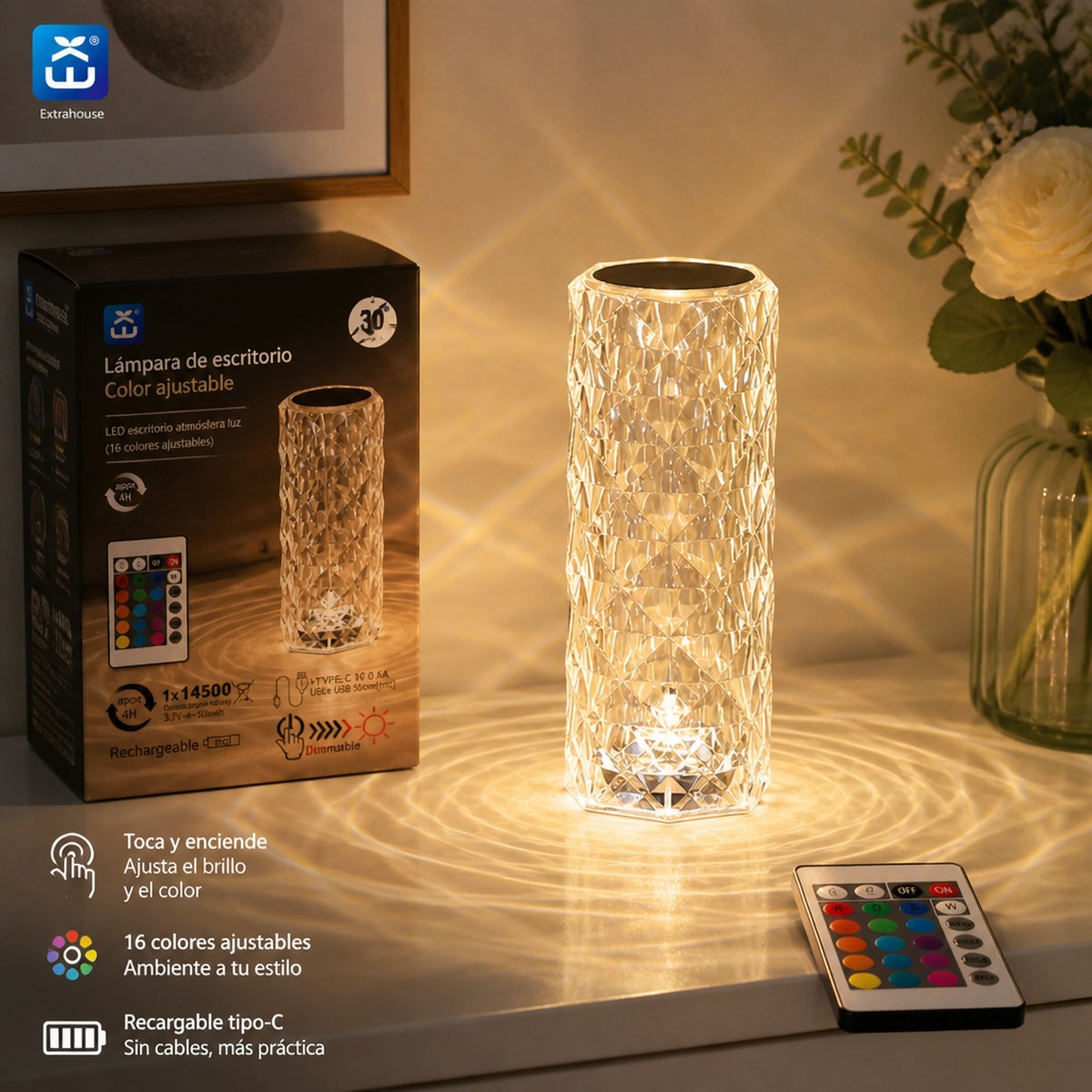 Tall RGB Crystal-Effect Rechargeable LED Desk Lamp with Remote Control