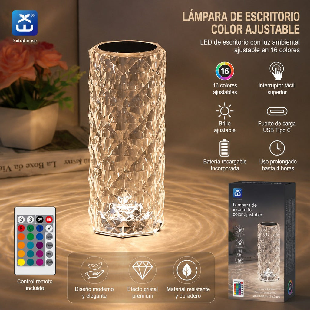 Tall RGB Crystal-Effect Rechargeable LED Desk Lamp with Remote Control