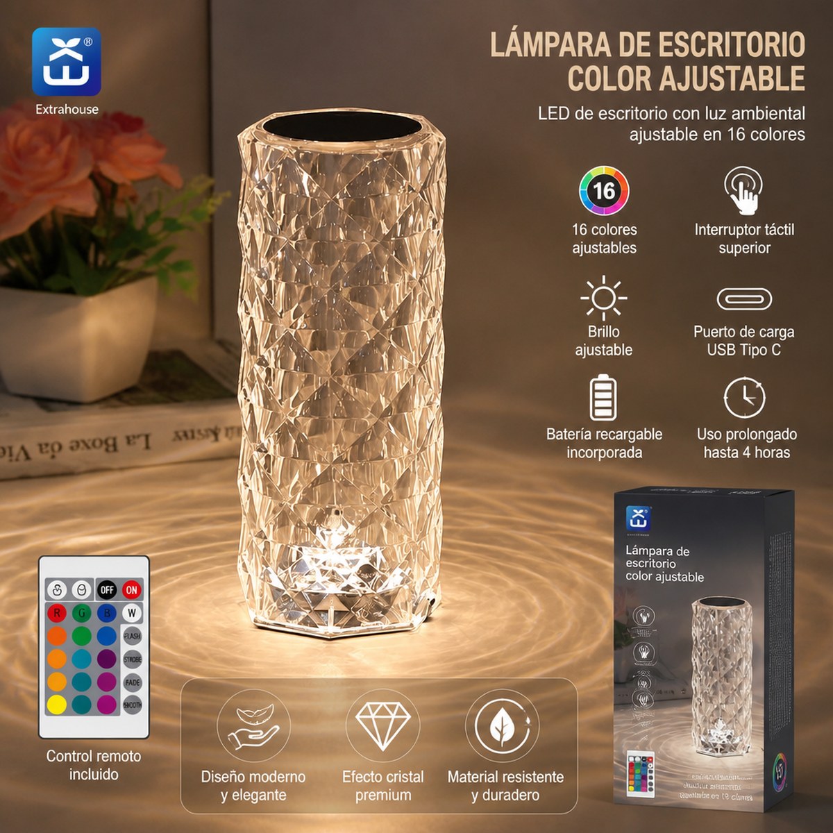 Tall RGB Crystal-Effect Rechargeable LED Desk Lamp with Remote Control