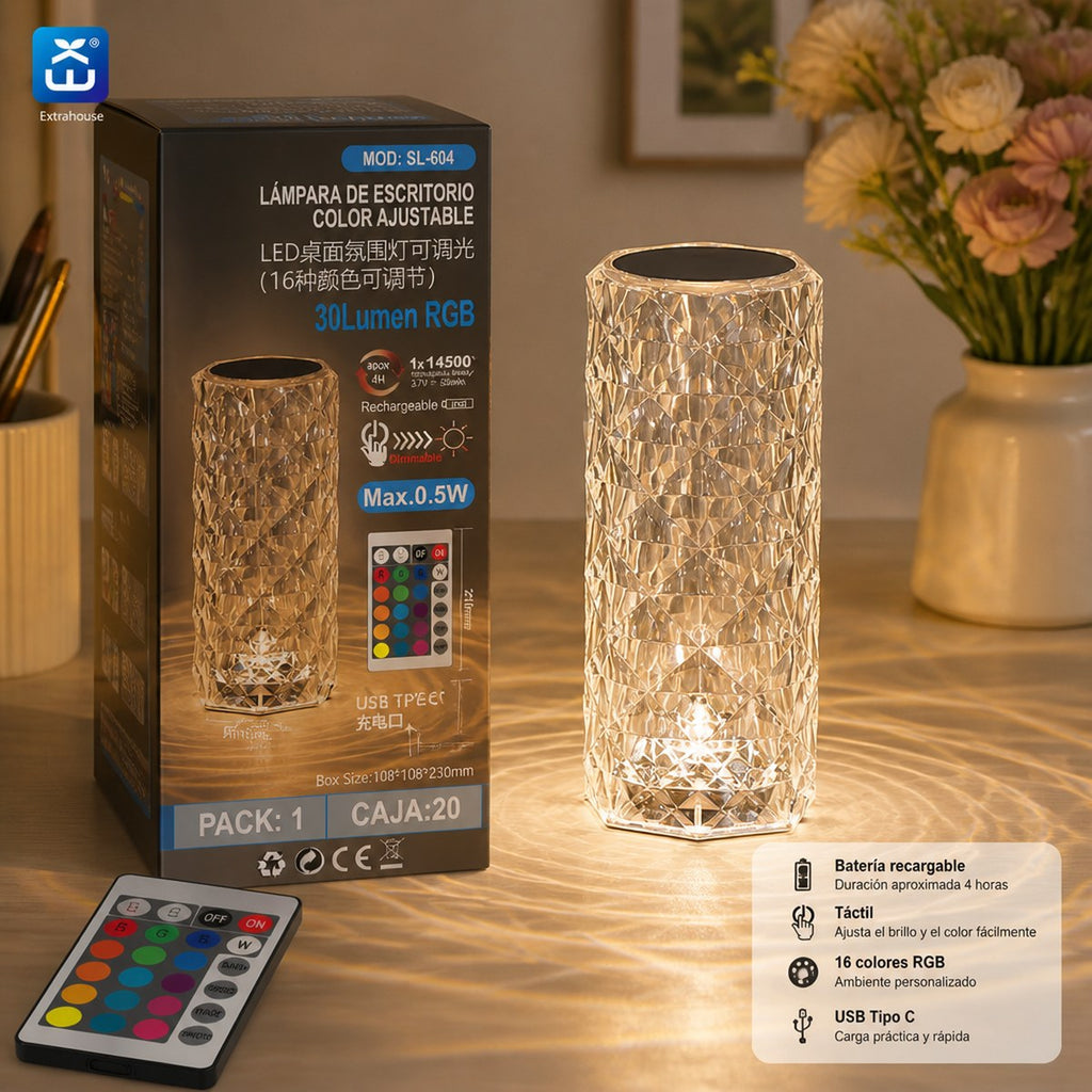 Tall RGB Crystal-Effect Rechargeable LED Desk Lamp with Remote Control