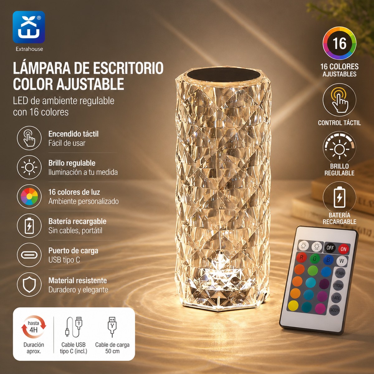Tall RGB Crystal-Effect Rechargeable LED Desk Lamp with Remote Control