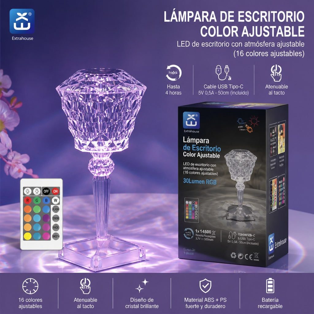 Extrahouse RGB Crystal LED Table Lamp, Remote & Touch Control