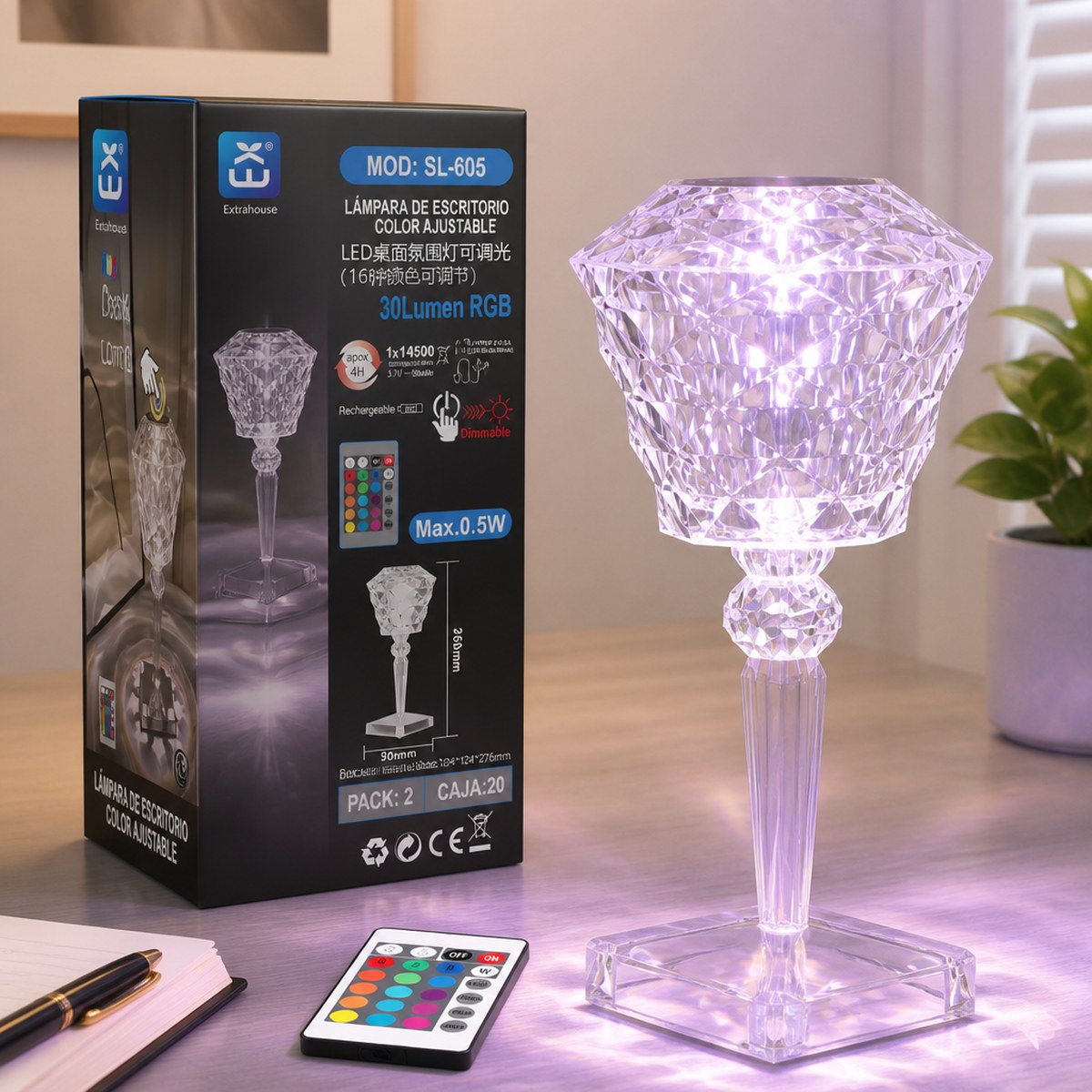 Extrahouse RGB Crystal LED Table Lamp, Remote & Touch Control