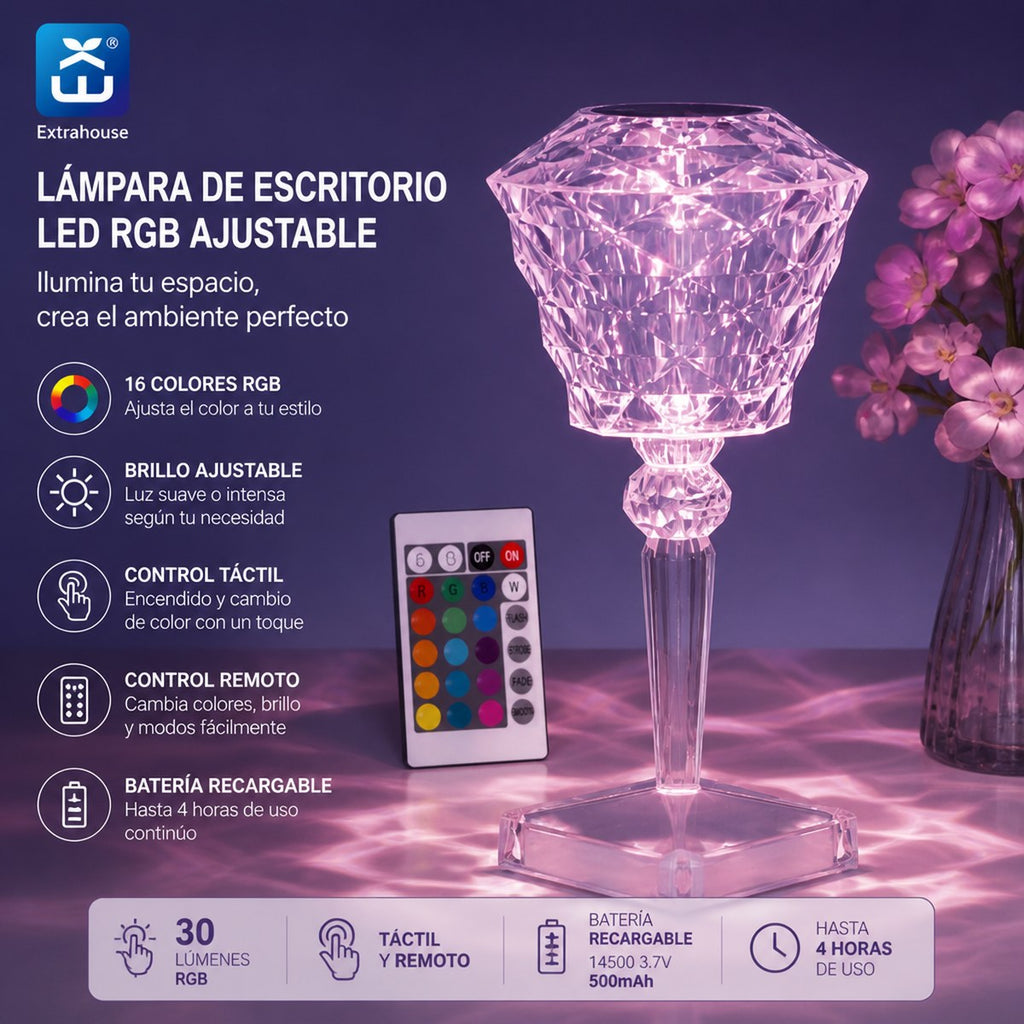 Extrahouse RGB Crystal LED Table Lamp, Remote & Touch Control