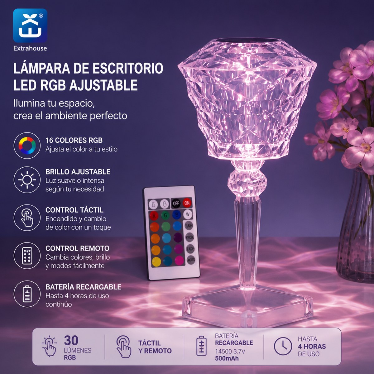 Extrahouse RGB Crystal LED Table Lamp, Remote & Touch Control