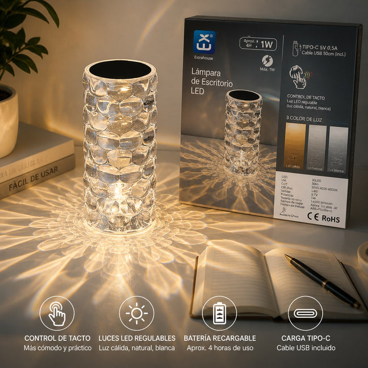 Crystal-Effect Rechargeable LED Desk Lamp with Adjustable Color