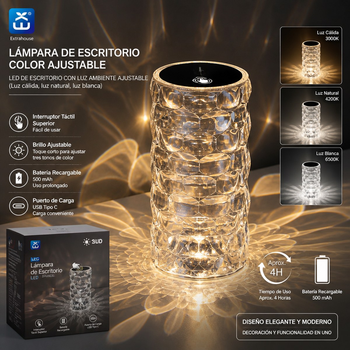 Crystal-Effect Rechargeable LED Desk Lamp with Adjustable Color
