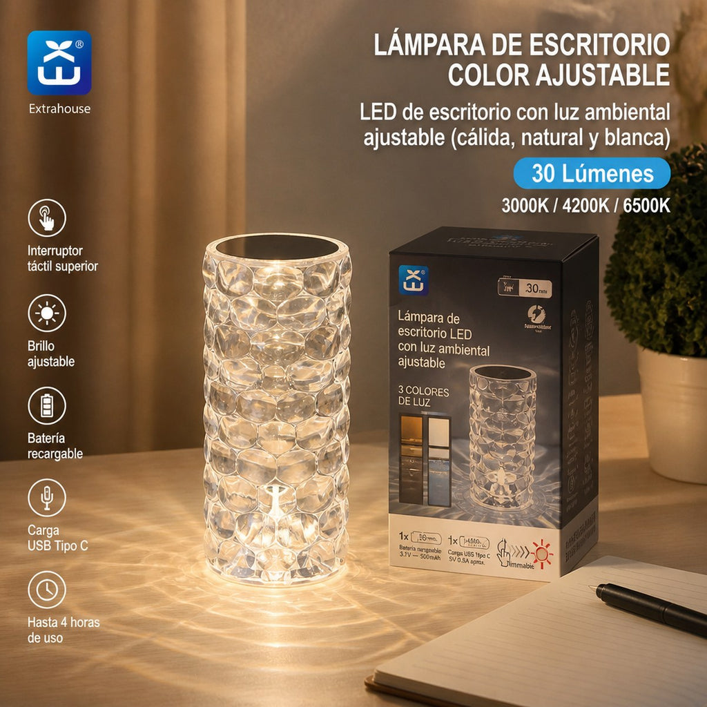 Crystal-Effect Rechargeable LED Desk Lamp with Adjustable Color