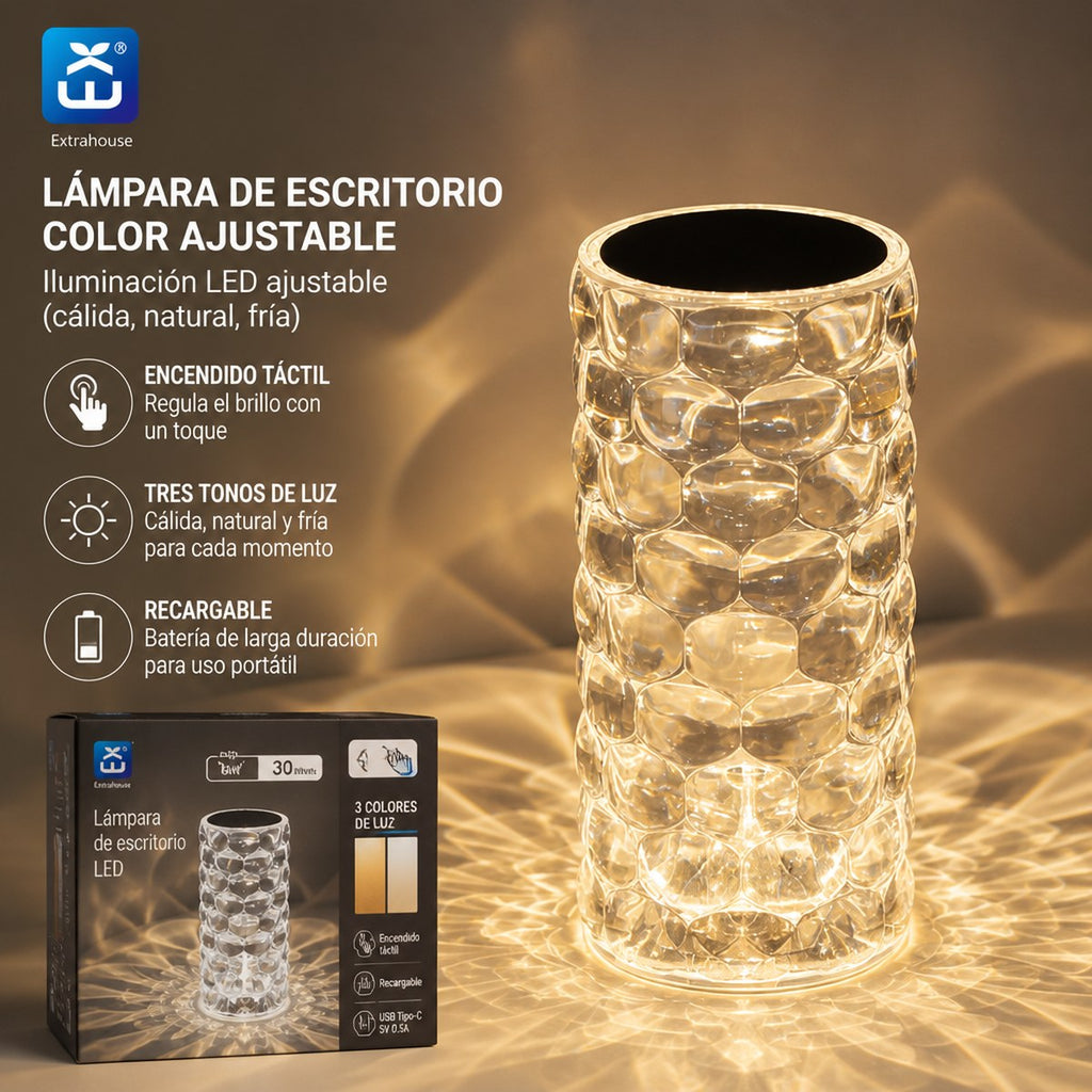 Crystal-Effect Rechargeable LED Desk Lamp with Adjustable Color
